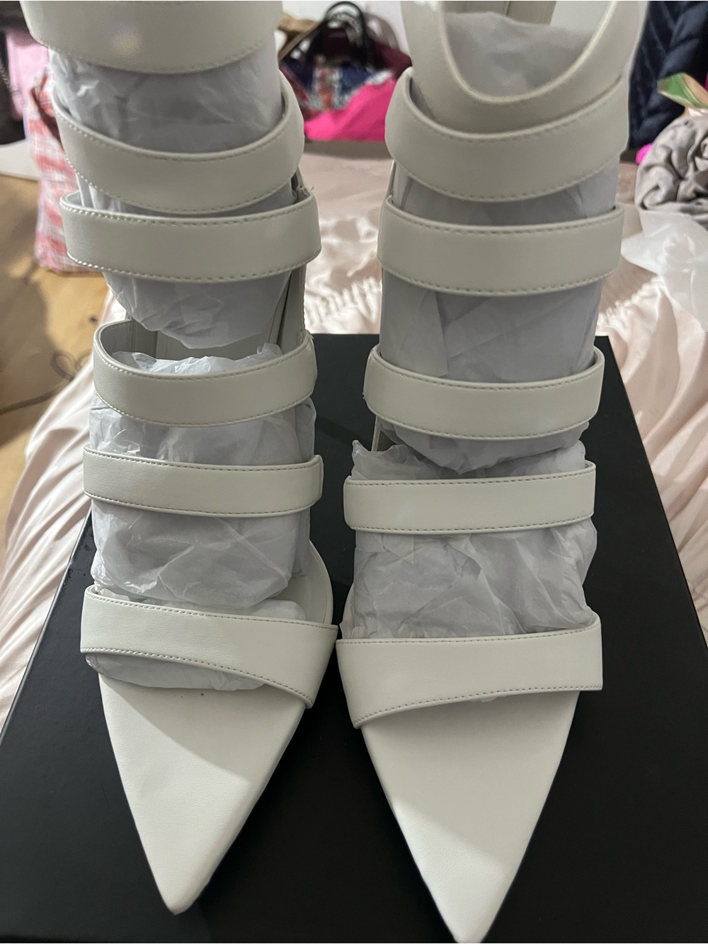 Strappy Pointed-Toe White High Heels